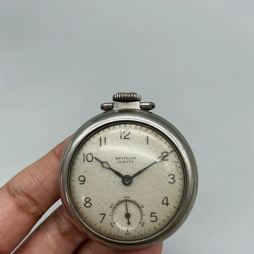 Vintage Westclox Scotty Pocket Watch Men 50mm Silver Tone White Dial Manual Wind